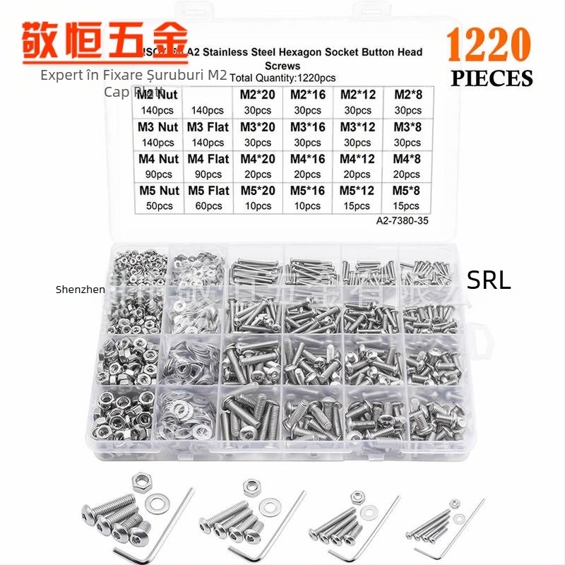 1220 bucăți din oțel inoxidabil 304: șuruburi cu cap rotund și șa interior hexagonal, piulițe și șaibe plate, în cutie. Standard A2-7380-35; Brand Jing Heng