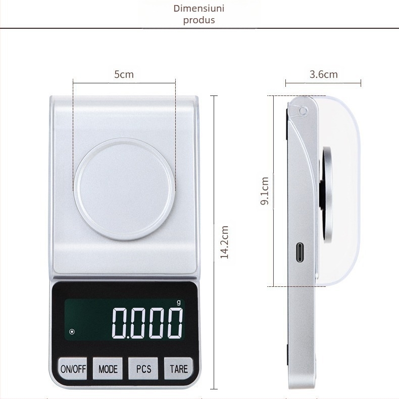 Cântar de bijuterii de precizie, modelul 188A, interval de greutate 50 g/0.001 g, dimensiuni 7.4×14.2×3.6 cm, electronic, alimentare USB sau 2xAAA
