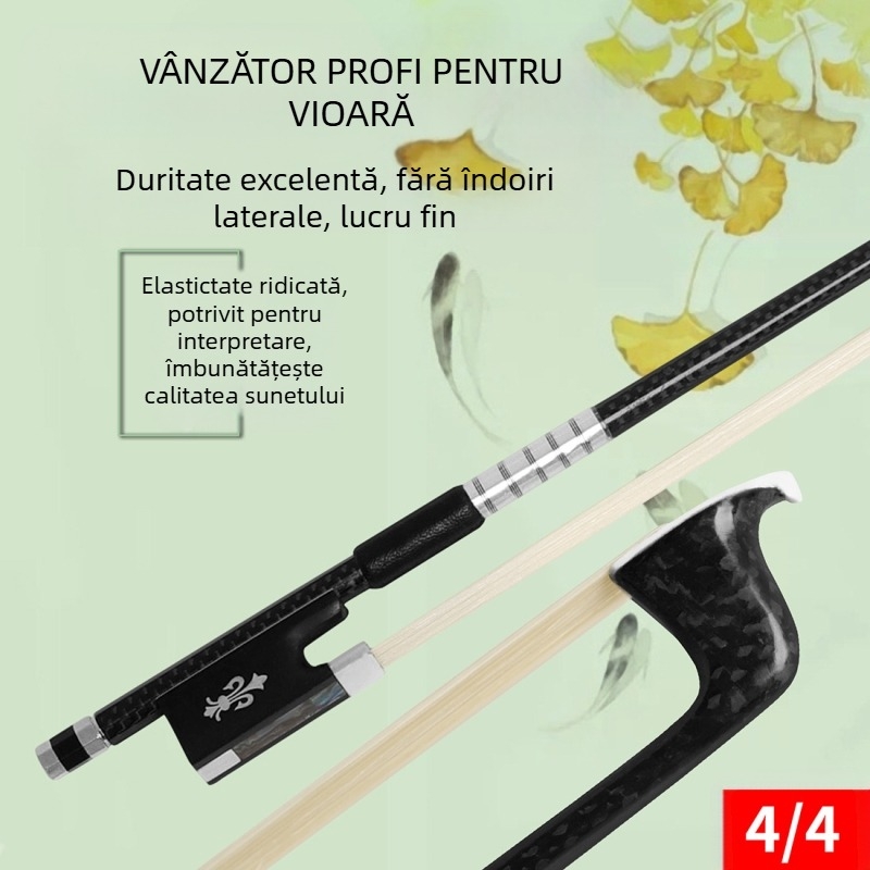Arc de vioară, 4/4, tijă din fibră de carbon, păr de cal pur, frog sculptat din abanos cu încrustație de sidef