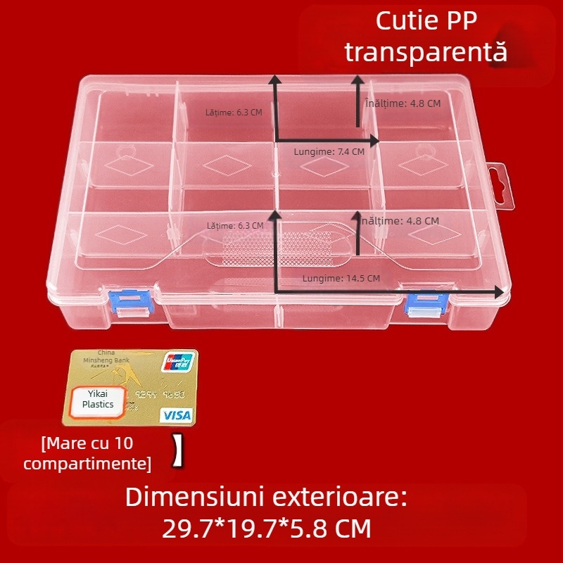 Cutie transparentă de depozitare, cu 10 compartimente, detașabilă, pentru organizarea autocolantelor și cardurilor, jucării LEGO și puzzle-uri
