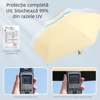 Umbrelă capsulă pentru femei, cadru cu 6 brațe, țesătură 210T, UPF >40, deschidere și închidere manuală, greutate 220 g