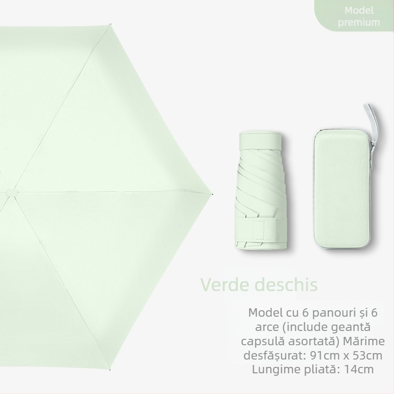 Umbrelă capsulă pentru femei, cadru cu 6 brațe, țesătură 210T, UPF >40, deschidere și închidere manuală, greutate 220 g