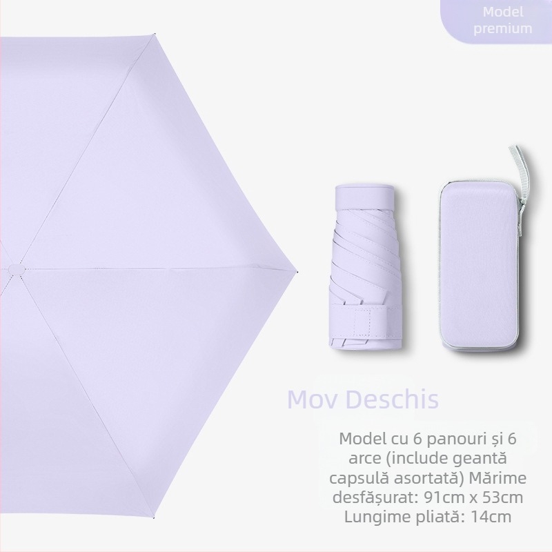Umbrelă capsulă pentru femei, cadru cu 6 brațe, țesătură 210T, UPF >40, deschidere și închidere manuală, greutate 220 g