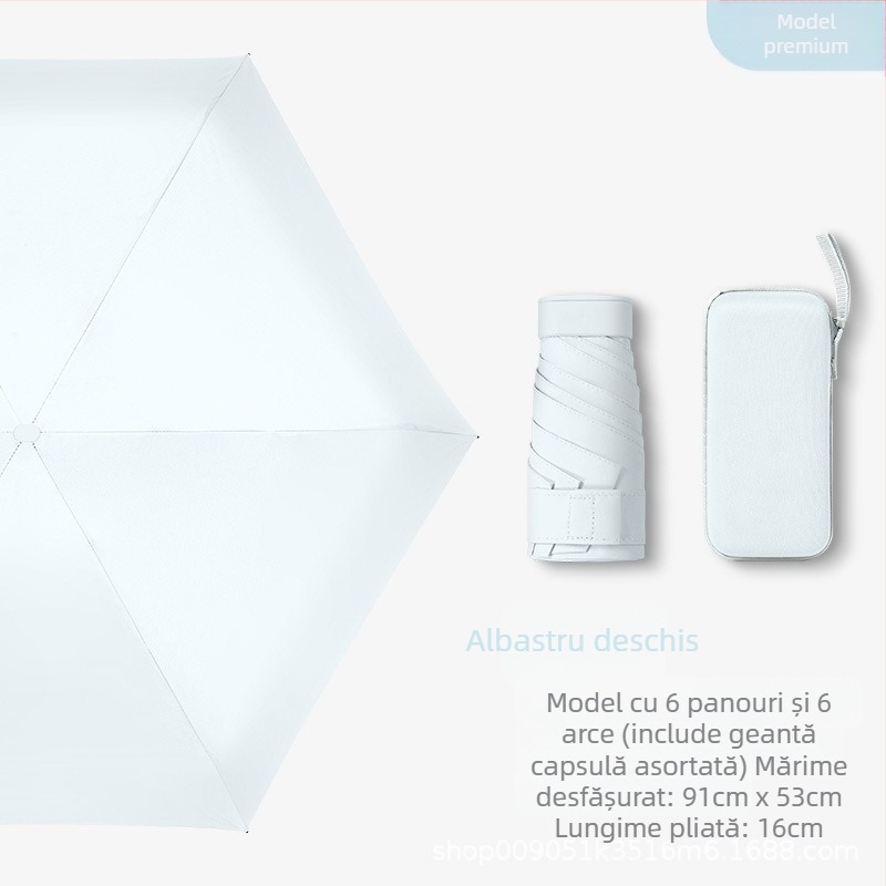 Umbrelă capsulă pentru femei, cadru cu 6 brațe, țesătură 210T, UPF >40, deschidere și închidere manuală, greutate 220 g