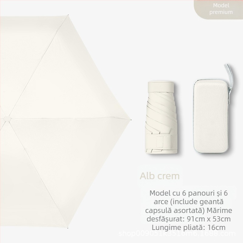Umbrelă capsulă pentru femei, cadru cu 6 brațe, țesătură 210T, UPF >40, deschidere și închidere manuală, greutate 220 g