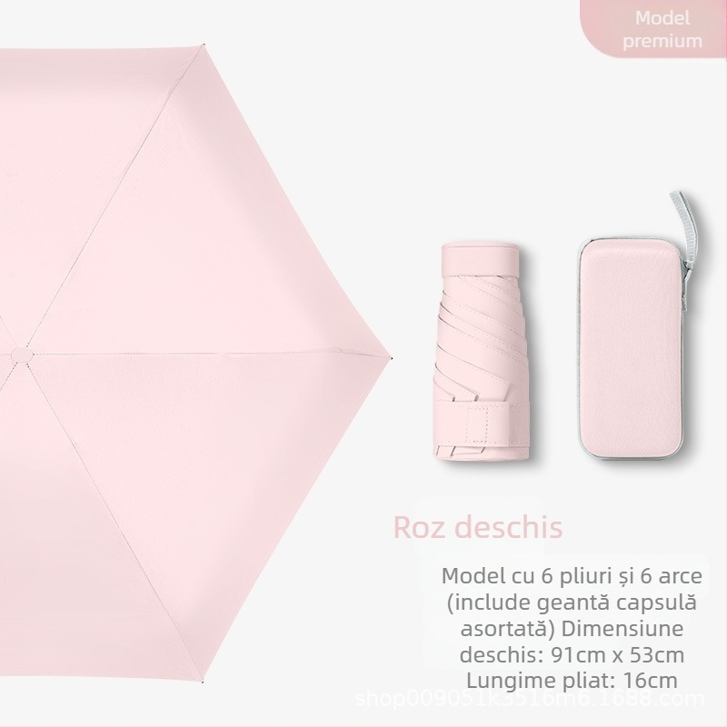 Umbrelă capsulă pentru femei, cadru cu 6 brațe, țesătură 210T, UPF >40, deschidere și închidere manuală, greutate 220 g