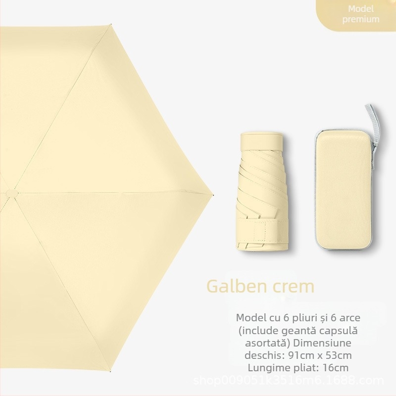 Umbrelă capsulă pentru femei, cadru cu 6 brațe, țesătură 210T, UPF >40, deschidere și închidere manuală, greutate 220 g
