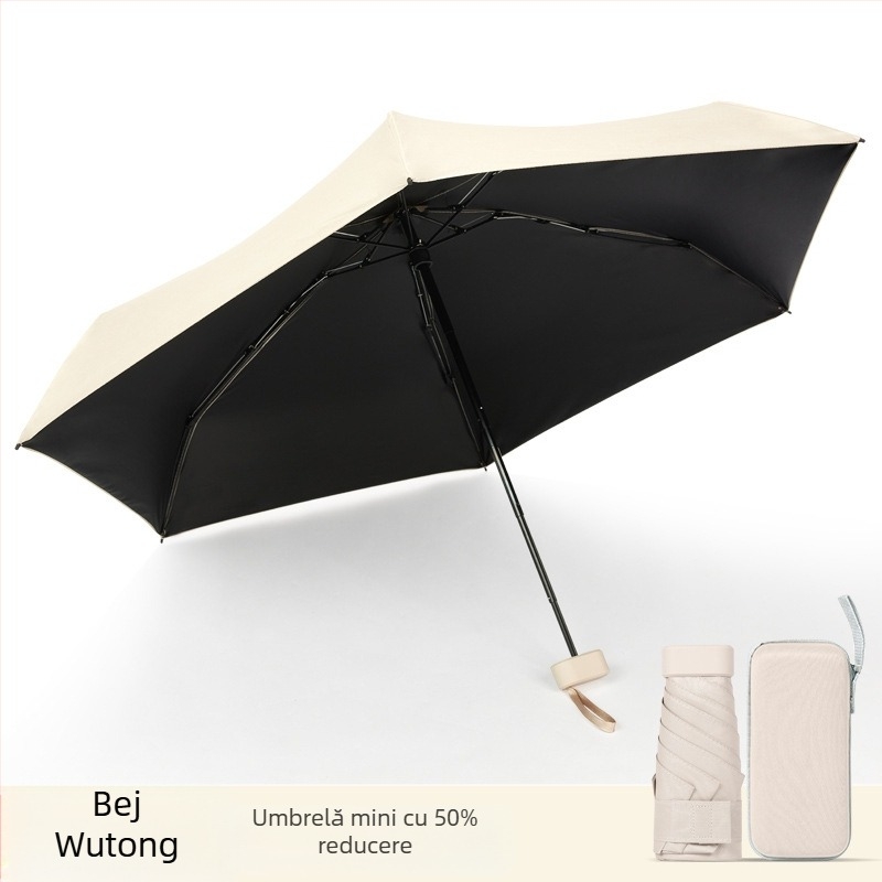 Umbrelă capsulă pentru femei, cadru cu 6 brațe, țesătură 210T, UPF >40, deschidere și închidere manuală, greutate 220 g