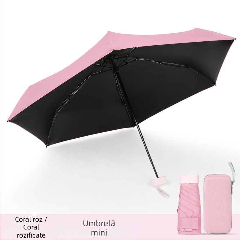 Umbrelă capsulă pentru femei, cadru cu 6 brațe, țesătură 210T, UPF >40, deschidere și închidere manuală, greutate 220 g