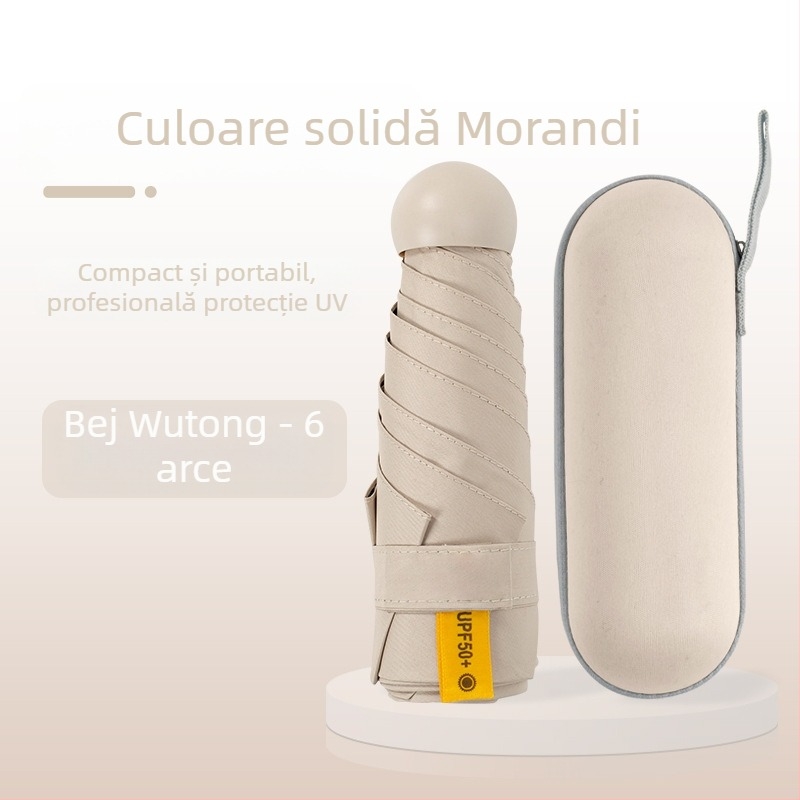 Umbrelă capsulă pentru femei, cadru cu 6 brațe, țesătură 210T, UPF >40, deschidere și închidere manuală, greutate 220 g