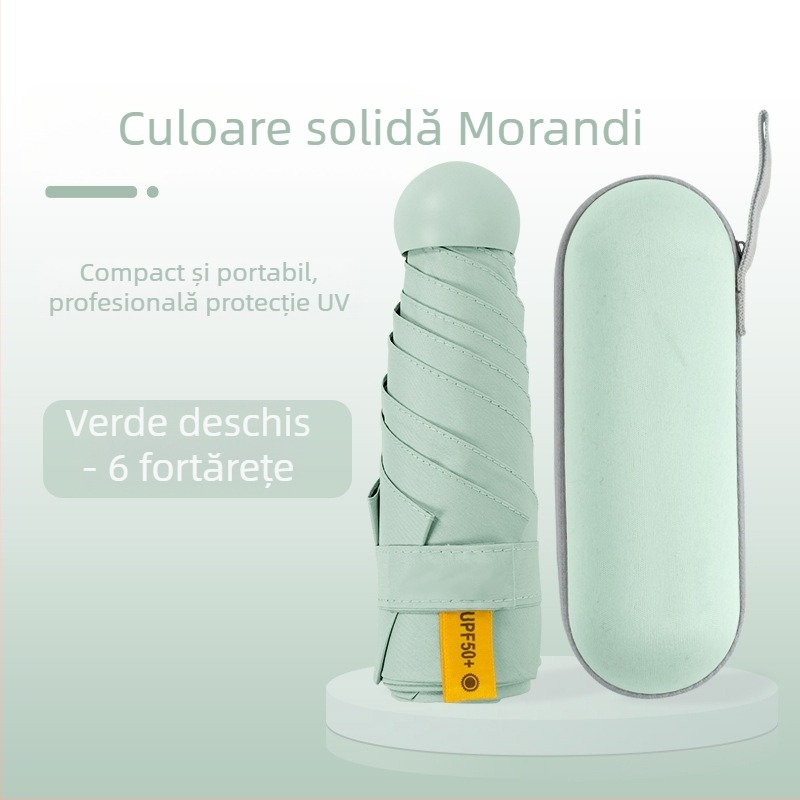 Umbrelă capsulă pentru femei, cadru cu 6 brațe, țesătură 210T, UPF >40, deschidere și închidere manuală, greutate 220 g
