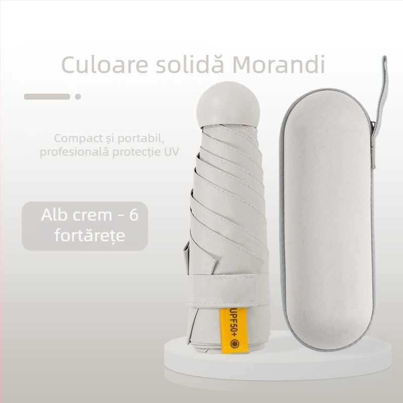 Umbrelă capsulă pentru femei, cadru cu 6 brațe, țesătură 210T, UPF >40, deschidere și închidere manuală, greutate 220 g