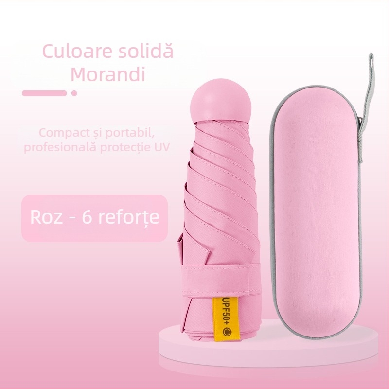 Umbrelă capsulă pentru femei, cadru cu 6 brațe, țesătură 210T, UPF >40, deschidere și închidere manuală, greutate 220 g