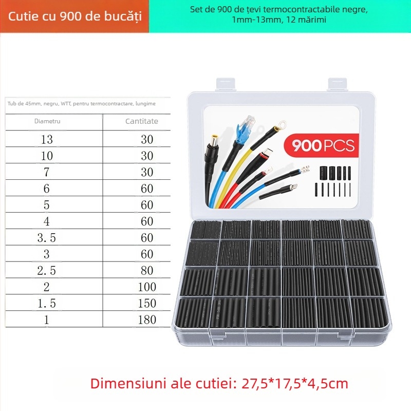 Set tuburi termocontractibile, 900 buc., raport 2:1, poliolefin ignifug VM-1, certificat ROHS