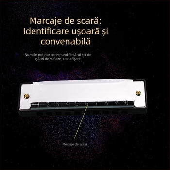 Harmonica Blues cu 10 găuri, în cheia C, model BA10, materialul gurilor de sunet: rășină