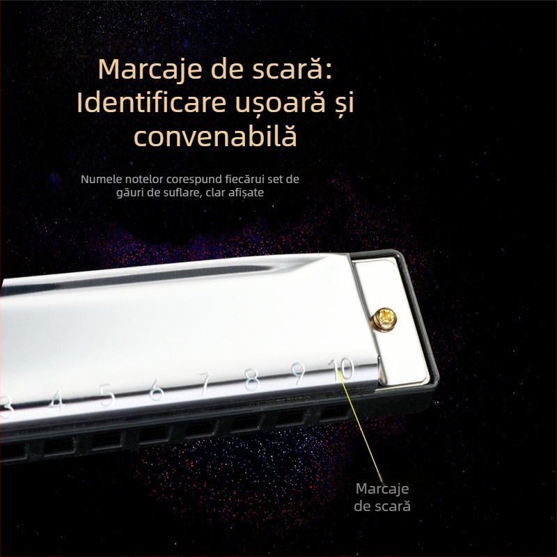 Harmonica Blues cu 10 găuri, în cheia C, model BA10, materialul gurilor de sunet: rășină