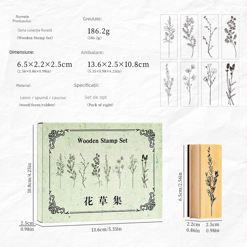 Set de ștampile din lemn într-o cutie pentru plante și flori – stil modern minimalist, ștampile decorative pentru jurnal, execuție semi-manuală și semi-mecanică