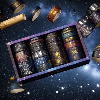 Bandă washi cu motif cosmic, cer înstelat, stil desen animat, imprimată pe hârtie