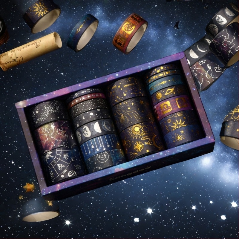 Bandă washi cu motif cosmic, cer înstelat, stil desen animat, imprimată pe hârtie