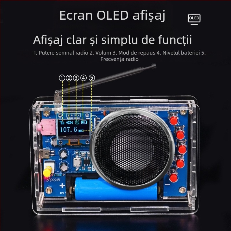 Kit de asamblare radio cu afișaj OLED – circuit FM reîncărcabil pentru proiecte DIY