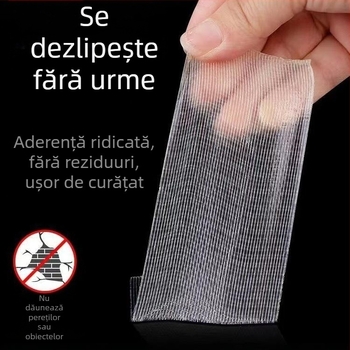 Bandă dublu adezivă din plasă, aderență înaltă, bază din pânză, pentru montaj pe perete, fără reziduuri