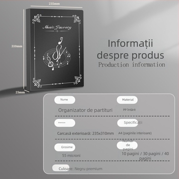 Dosar pentru partituri muzicale cu inserții transparente și husă impermeabilă pentru documente; hârtie acoperită, grosime 0,55 mm, 20/30/40 pagini