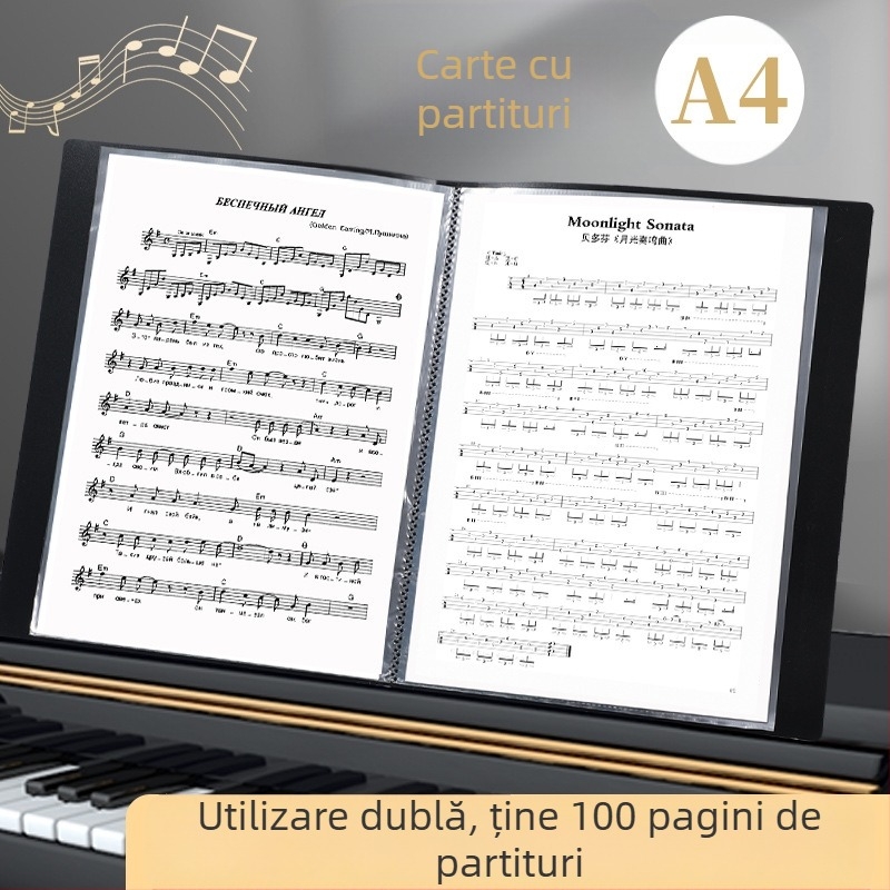 Dosar pentru partituri muzicale cu inserții transparente și husă impermeabilă pentru documente; hârtie acoperită, grosime 0,55 mm, 20/30/40 pagini