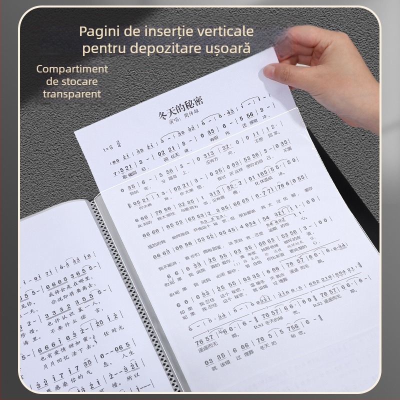 Dosar pentru partituri muzicale cu inserții transparente și husă impermeabilă pentru documente; hârtie acoperită, grosime 0,55 mm, 20/30/40 pagini