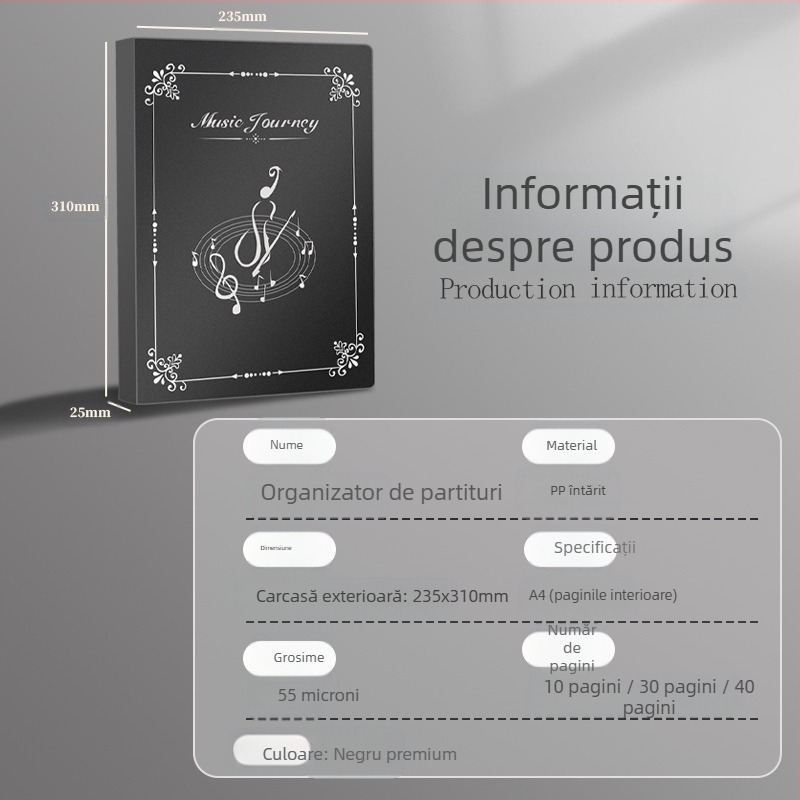 Dosar pentru partituri muzicale cu inserții transparente și husă impermeabilă pentru documente; hârtie acoperită, grosime 0,55 mm, 20/30/40 pagini