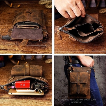 Geantă de talie pentru bărbați din piele Crazy Horse retro, piele naturală, impermeabilă, căptușeală poliester