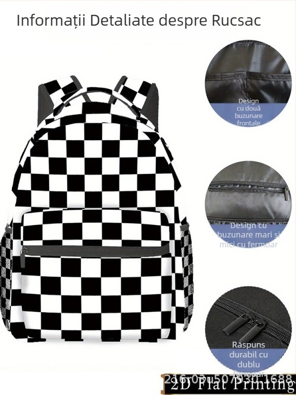 Rucsac școlar unisex – Capacitate mare, imprimeu în carouri, poliester, curele de umăr curbate, design prietenos cu depozitarea (Poliester, Imprimeu în carouri, Capacitate mare, Curele curbate, Design prietenos cu depozitarea)