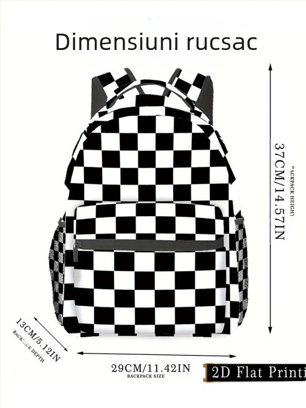Rucsac școlar unisex – Capacitate mare, imprimeu în carouri, poliester, curele de umăr curbate, design prietenos cu depozitarea (Poliester, Imprimeu în carouri, Capacitate mare, Curele curbate, Design prietenos cu depozitarea)