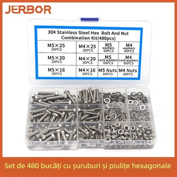 Set șuruburi, piulițe și șaibe din oțel inoxidabil 304, 480 buc., cap hexagonal exterior, DIN912, Grad 6.8