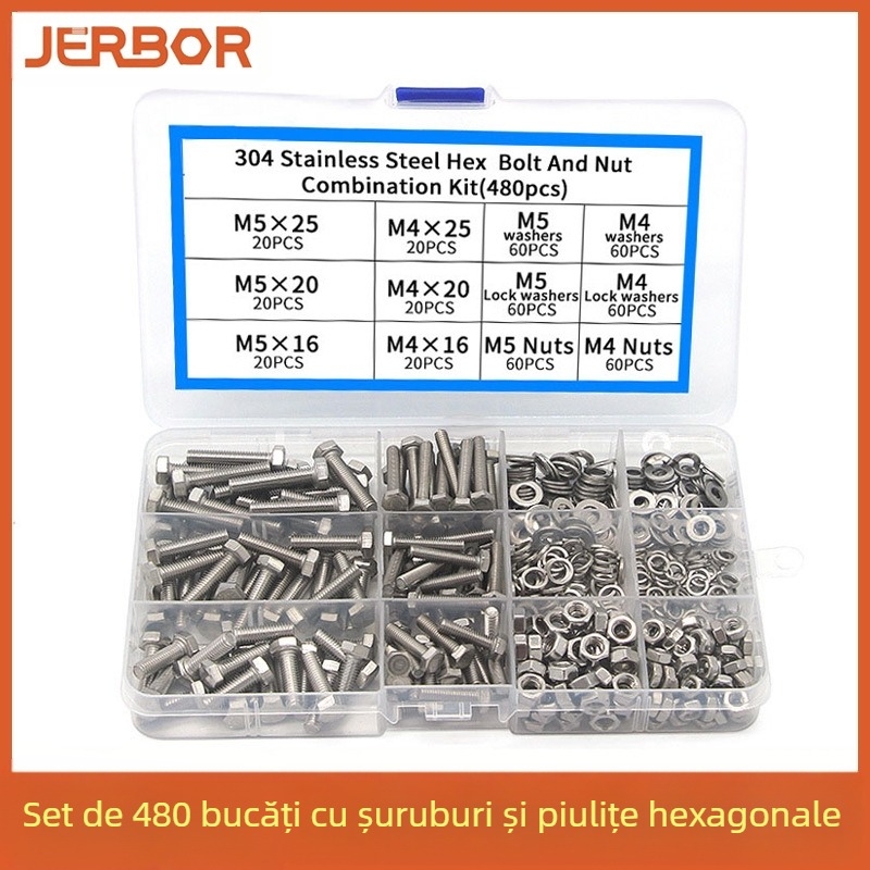 Set șuruburi, piulițe și șaibe din oțel inoxidabil 304, 480 buc., cap hexagonal exterior, DIN912, Grad 6.8