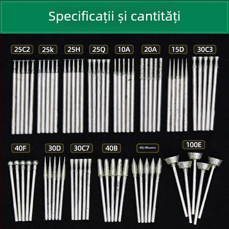 Set de unelte pentru sculptură în jad cu capete diamantate | Brand Ming Hao; Model: Carving needle suit; Material: Diamant; Domeniu: Sculptură jad