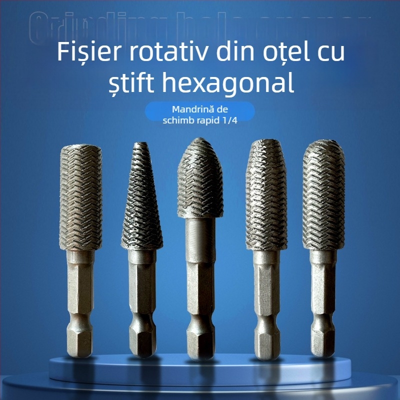 Set de fișiere rotative pentru tâmplă, cu mâner hexagonal, oțel-carbon, Hongtai 00000, 5 bucăți