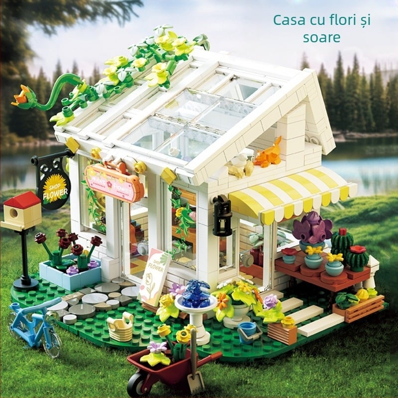 Set blocuri din ABS – design Casă cu Grădină Însorită cu Flori – LEGO Compatibil – 800+ piese