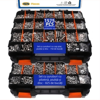 Set de șuruburi cu cap Phillips încrucișat și cap plat, 1575 bucăți, oțel inoxidabil 304, standard GB, A2-70