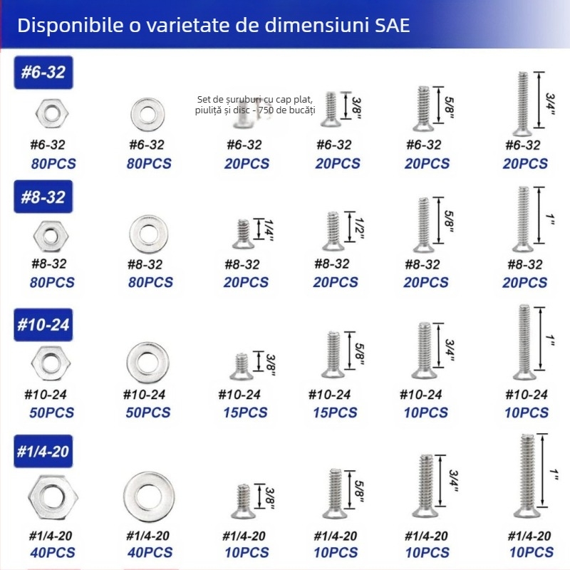 Set de șuruburi cu cap Phillips încrucișat și cap plat, 1575 bucăți, oțel inoxidabil 304, standard GB, A2-70