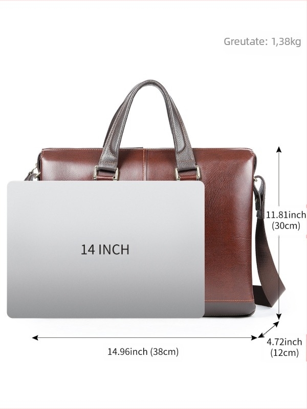 Geantă de afaceri din piele naturală – stil urban, piele de vită, strat superior, culoare solidă, căptușeală poliester-bumbac