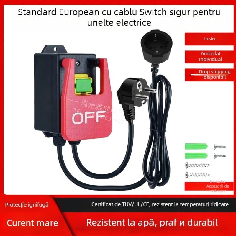 Comutator de siguranță pentru unelte electrice cu întrerupător de urgență electromagnet, 250V 16A, CE, -5°C până la 40°C