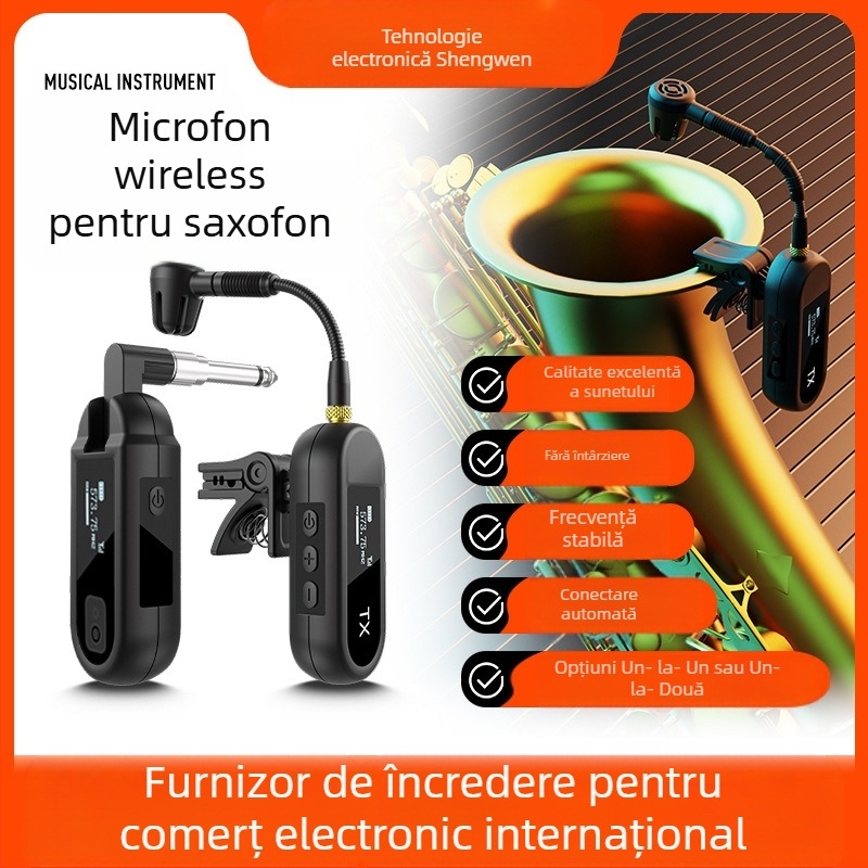 Microfon wireless cu clips pentru instrumente muzicale – Model M-03, Bluetooth 5.0, baterie 1000–1200 mAh, autonomie 8–12 ore, captare cardioidă