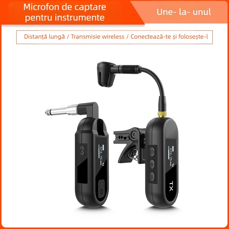 Microfon wireless cu clips pentru instrumente muzicale – Model M-03, Bluetooth 5.0, baterie 1000–1200 mAh, autonomie 8–12 ore, captare cardioidă