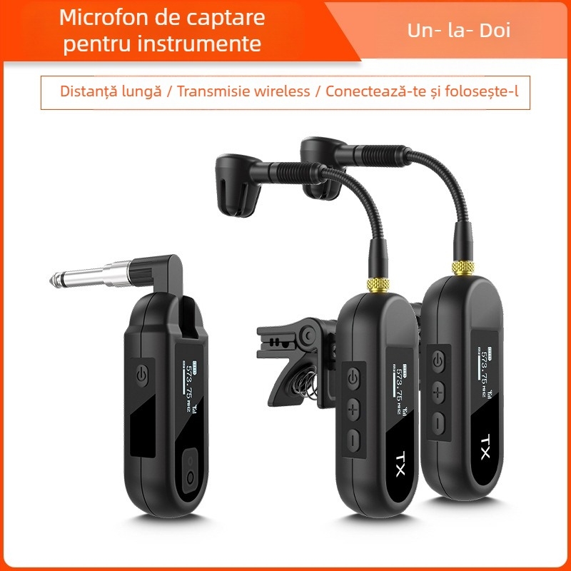 Microfon wireless cu clips pentru instrumente muzicale – Model M-03, Bluetooth 5.0, baterie 1000–1200 mAh, autonomie 8–12 ore, captare cardioidă