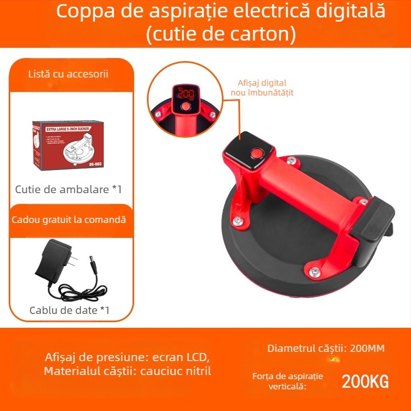 Ridicător cu ventuză electrică, cu afișaj digital, pentru plăci și sticlă, reumplere automată a aerului, înaltă putere, manipulare grea