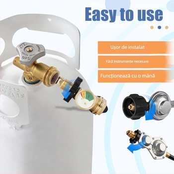 Conector cupru pentru gaz cu filet POL și manometru — adaptor QCC american, interfață standard nord-americană, SKU03037