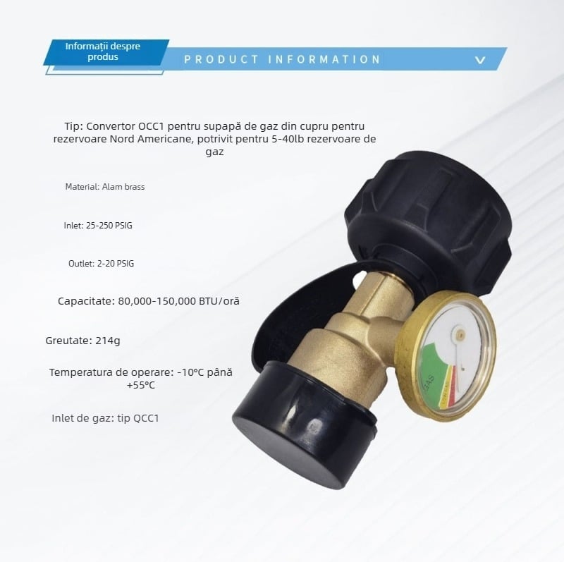 Conector cupru pentru gaz cu filet POL și manometru — adaptor QCC american, interfață standard nord-americană, SKU03037