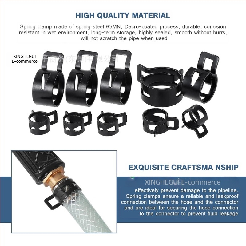 Colier elastic din oțel 65Mn pentru ansambluri de țevi, diametre nominal și de prindere 10–21 mm, marca Galaxy Valley