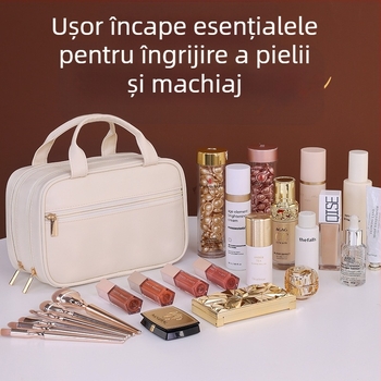 Geantă de machiaj în stil franțuzesc, cu două niveluri, capacitate mare, material PU, rezistentă la apă, compartimente separate, potrivită pentru călătorii