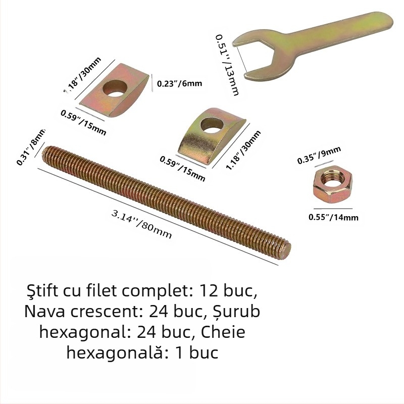 Set de montaj pentru noptiere cu cheie hex, inel în formă de semilună, cap hexagonal și ax cu filet complet – 4 în 1 (TD, NF E25-414-2004, Plain carbon steel, Class A)